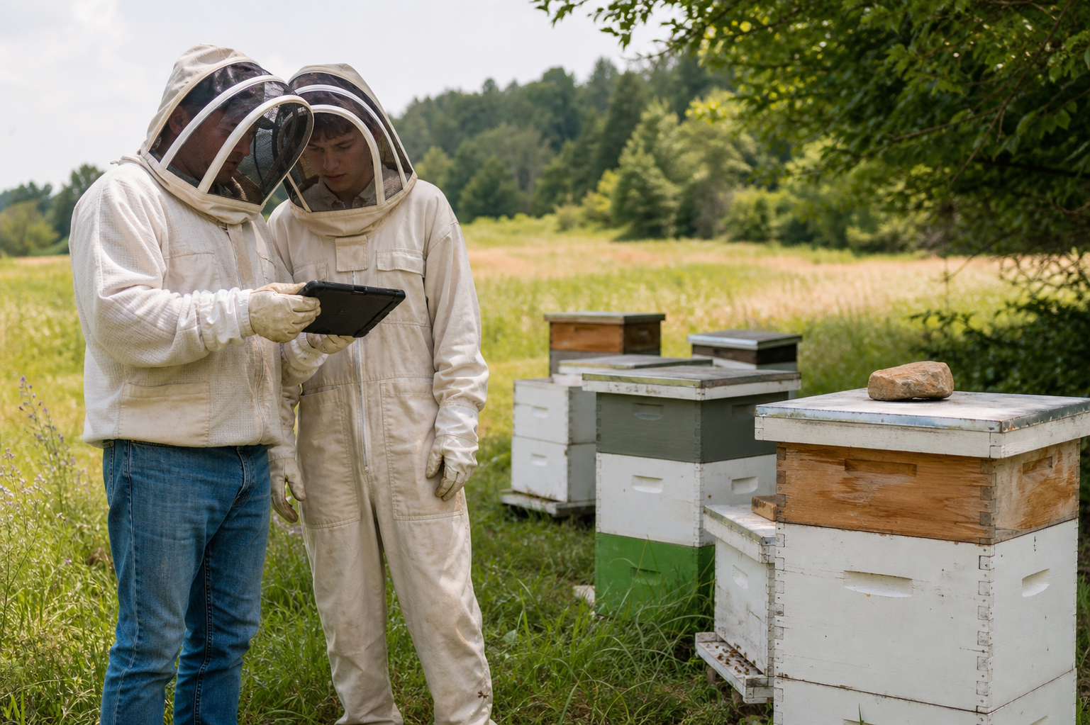 A family beekeeper and older teenage son reviewing hive records together at a small apiary