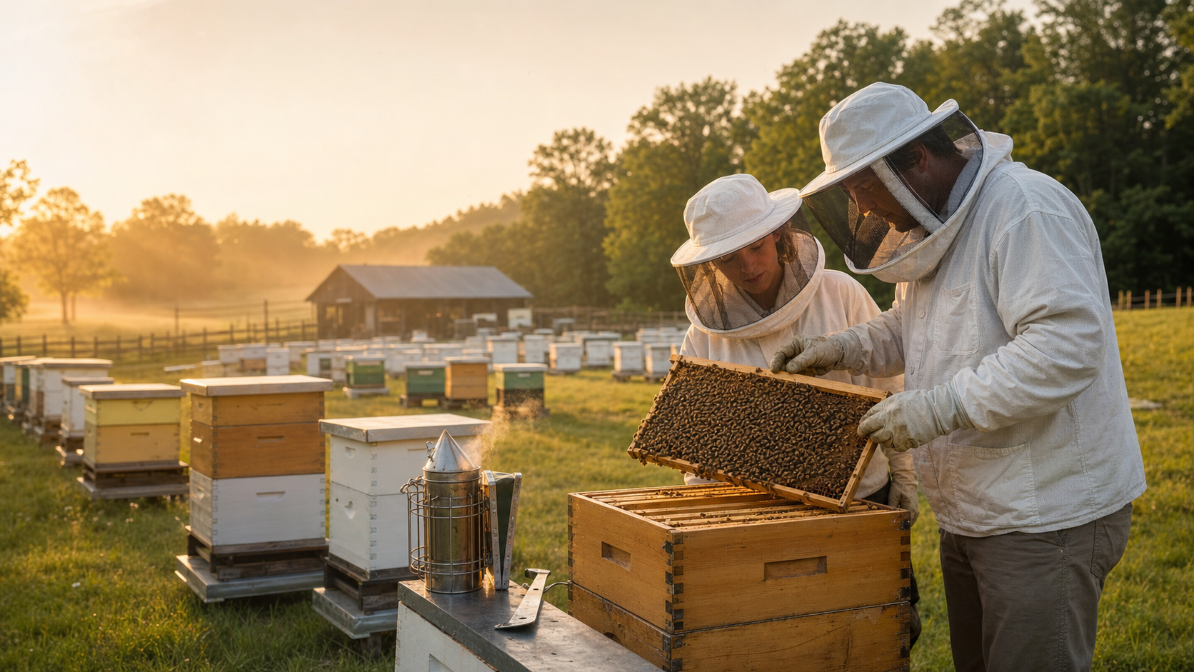 A family works together at an open hive in a larger well-managed apiary, representing growth from first hive to professional operation